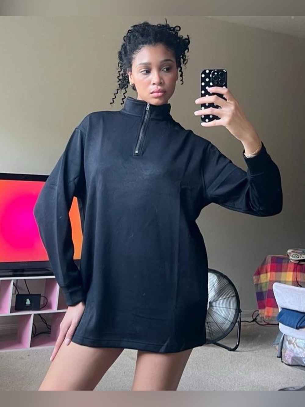 Black mock neck quarter zip up sweatshirt dress / oversized sweatshirt